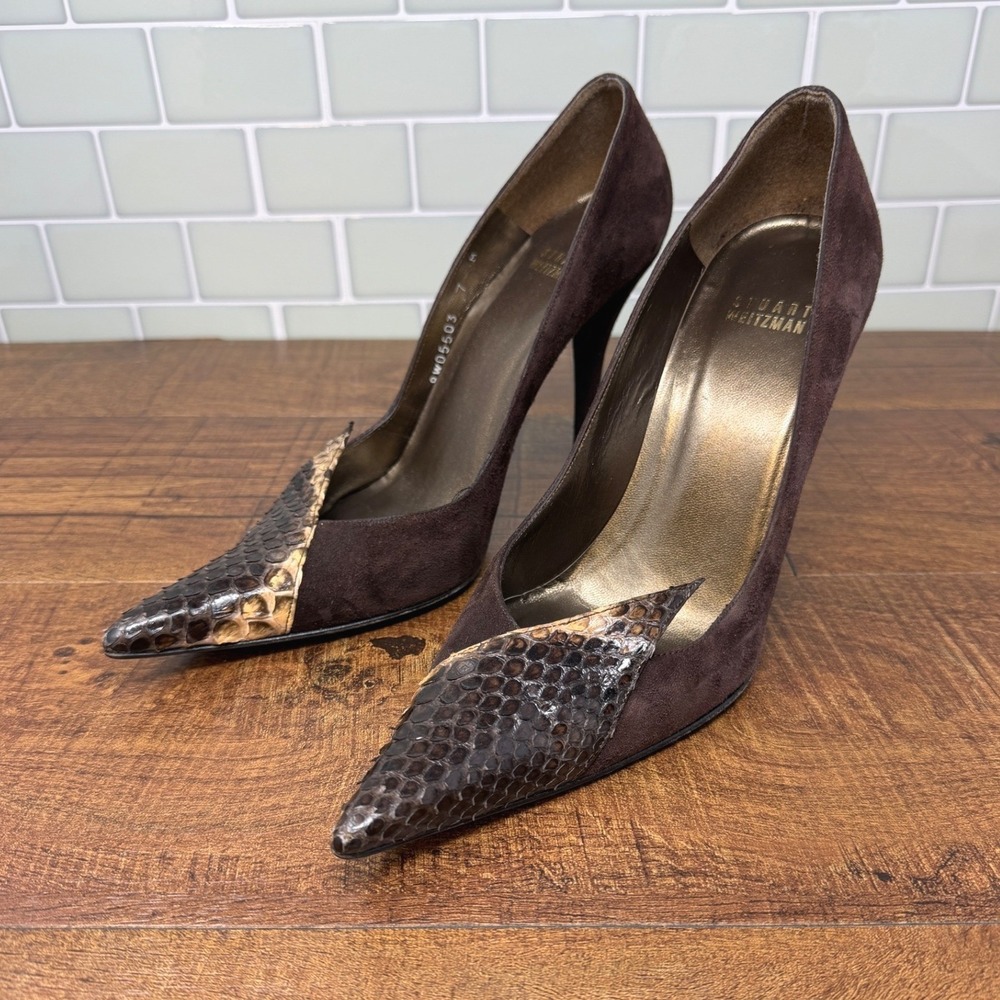 Vintage Y2K Stuart Weitzman Brown Suede Python Toe Cap Stiletto Heels 7M